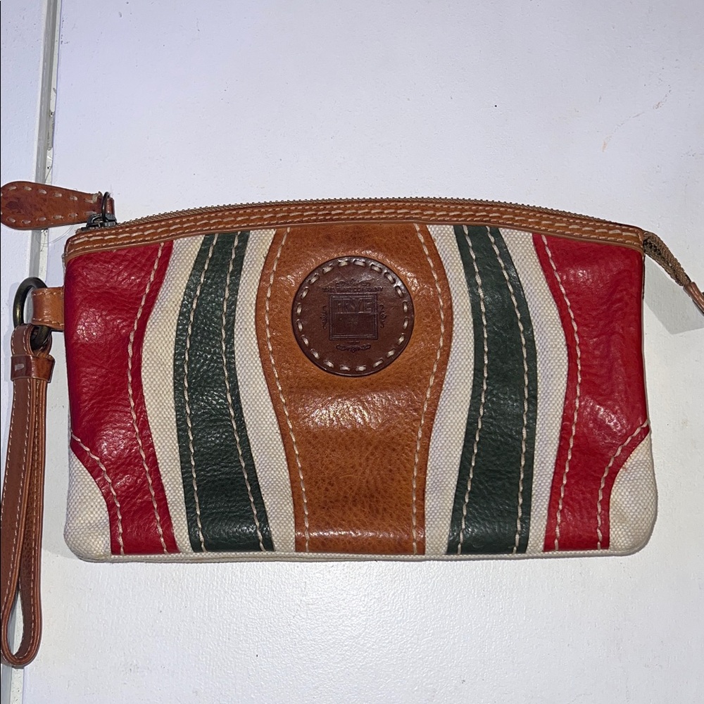 Frye leather and canvas multicolored clutch wristlet